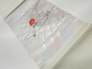 リサイクル　菱に曲線・椿模様織出し開き名古屋帯（額縁仕立て）